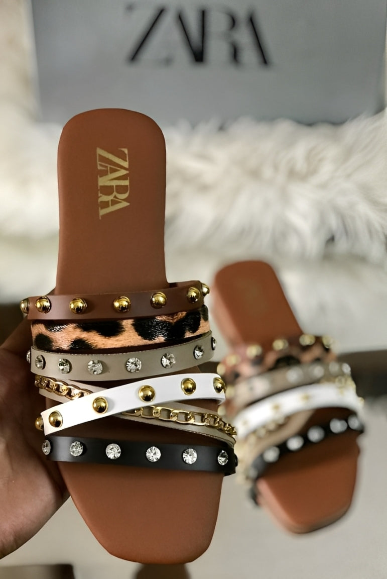 Trendy Brown Women’s Multi-Strap Flat Sandals with Studs & Stones