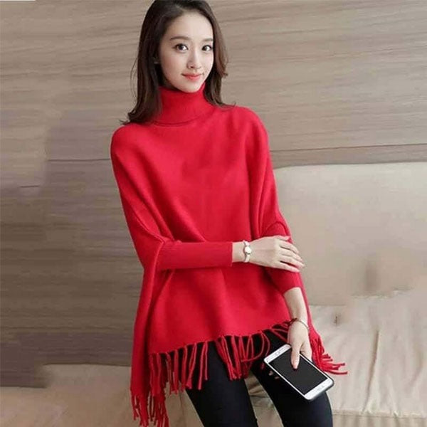 Cozy Winter Fleece Poncho for Girls – High Neck & Tassel Design, Free Size