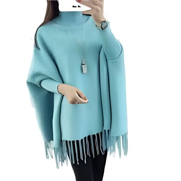 Cozy Winter Fleece Poncho for Girls – High Neck & Tassel Design, Free Size