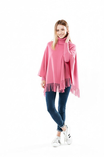 Cozy Winter Fleece Poncho for Girls – High Neck & Tassel Design, Free Size