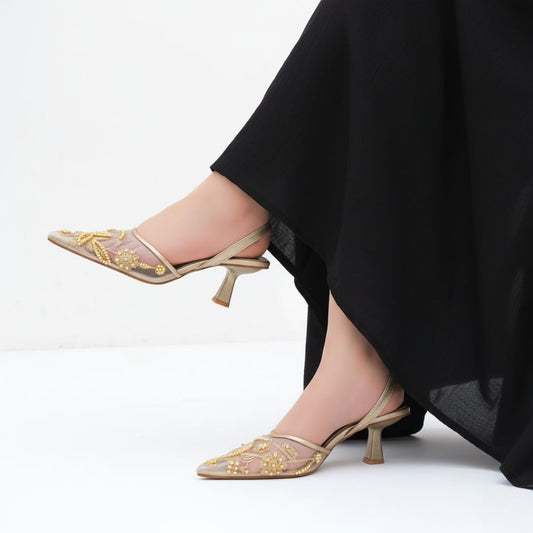 Elegant Fawn Hand-Embroidered Kitten Heels for Women – Elastic Band Strap, 2.2″ Heel